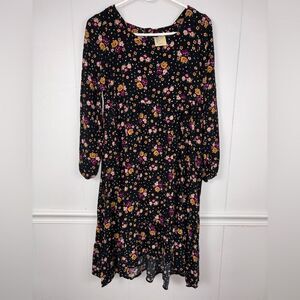 There Abouts Floral Challis Black Flowy Dress XL/16 Cottagecore Fairy Spring